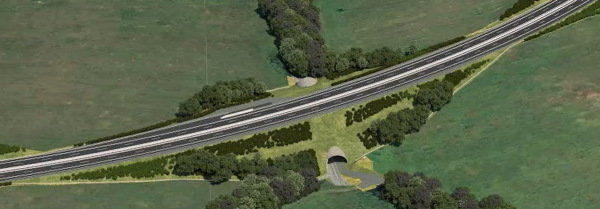 Vizualizácia SO 212-00 Most na R4 v km 13,50 nad bezmenným potokom a poľnou cestou – pohľad zvrchu